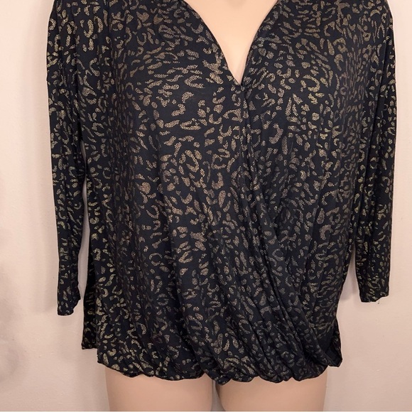 2X J Lo Black Gold Leopard Animal Wrap Look Top Stretch Shimmer Draped Plus - Picture 6 of 12